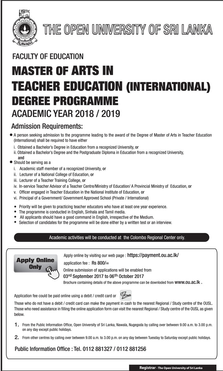 Master of Arts in Teacher Education (International) Degree Programme (2018/2019) - Open University of Sri Lanka